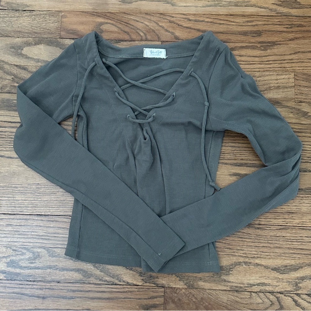 John Gault for PacSun Dark Green Criss Cross Long Sleeve Top Snug Fit Ribbed